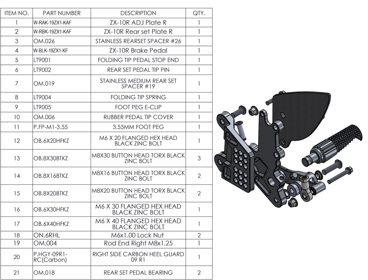 Graves Motorsports Zx-10r / Zx-10rr 2016-2023 Adjustable Rearsets 16-23 W-Rsk-19zx1-Kaf