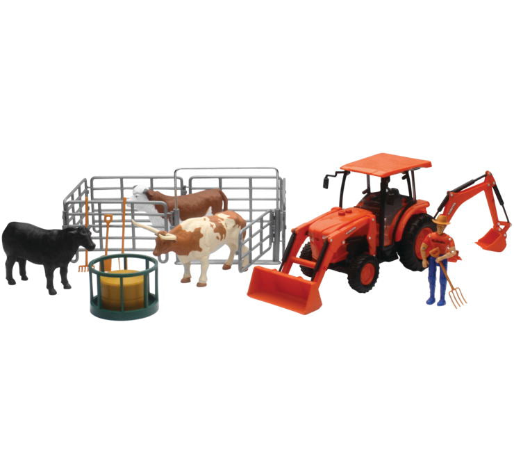 New Ray Toys Kubota Trctr Cow Set B/O 1:18