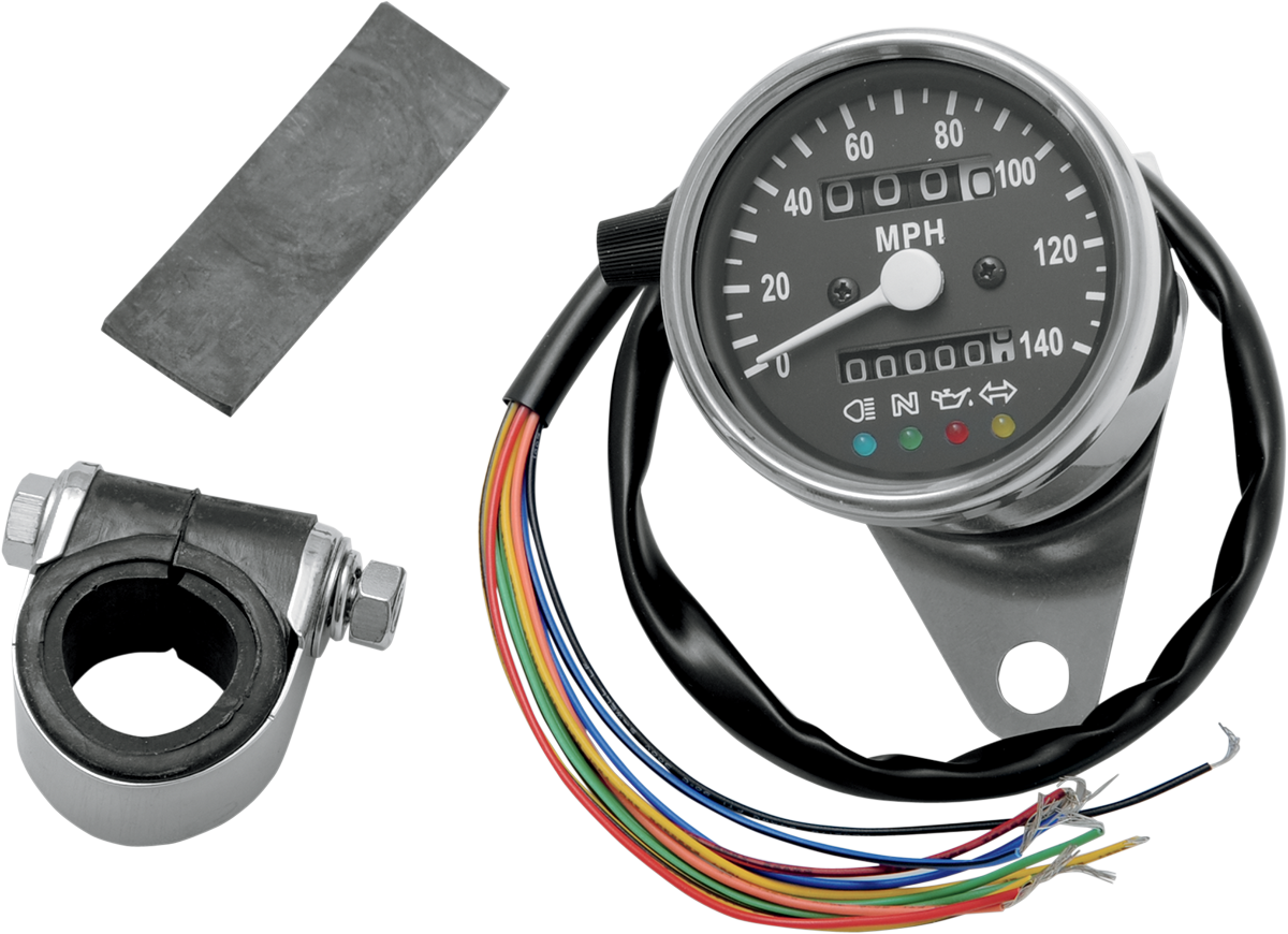 DRAG SPECIALTIES MPH Mini Mechanical Speedometer with LED Indicators - Black Face - 2:1 Ratio - 2.4" 21-6838LEDPB