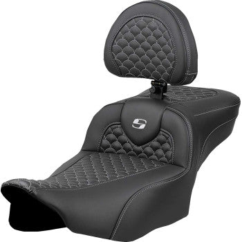 SADDLEMEN Roadsofa™ Extended Reach Seat - Dragon Scale Stitch - Silver Stitch - w/ Backrest - FLT/FLH '23-'24 823-07-209B5