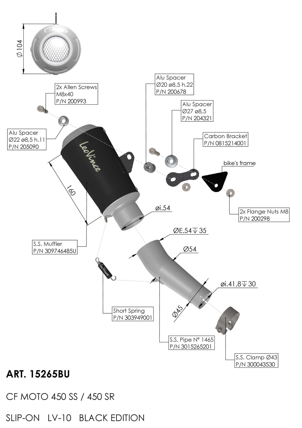 15265BU LEOVINCE 450SS  2023-2024 LV-10 Slip-On Muffler - Black - Stainless Steel