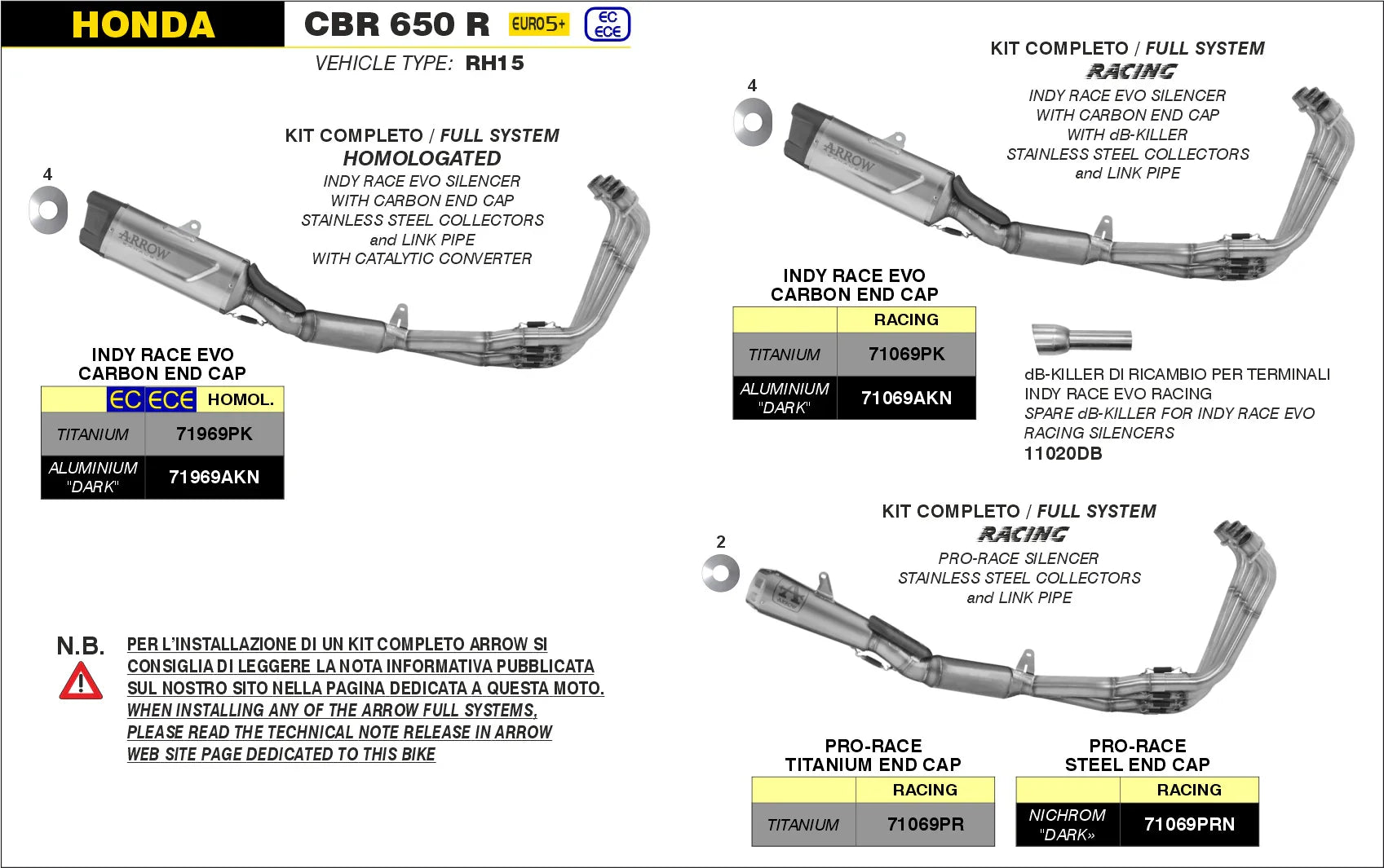 71969PK Arrow WITH CATALYTIC CONVERTER Indy-Race Evo Racing Full Exhaust Titanium Stainless Steel Collectors CBR650R 2024 - 2025