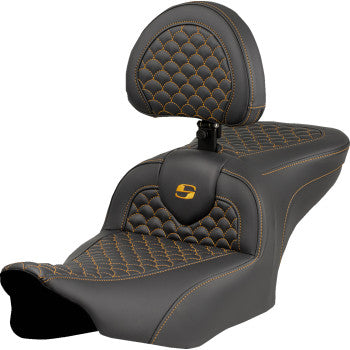 SADDLEMEN Roadsofa™ Seat - Dragon Scale Stitch - Gold Stitch - w/ Backrest - FLTR/FLHX '23-'24 823-07-208B7