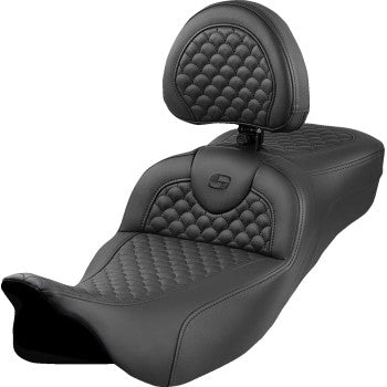 SADDLEMEN Roadsofa™ Extended Reach Seat - Dragon Scale Stitch - Black Stitch - w/ Backrest - FLH/FLT '08-'24 808-07B-209B0