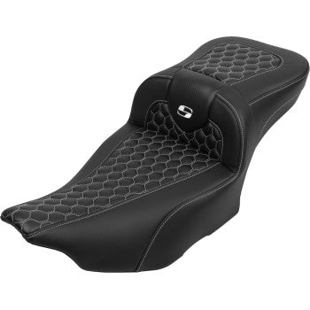 SADDLEMEN Roadsofa™ Extended Reach Seat - with Backrest - Honeycomb - White Stitch - FLTR/FLHX '23-'24 823-07-190B6