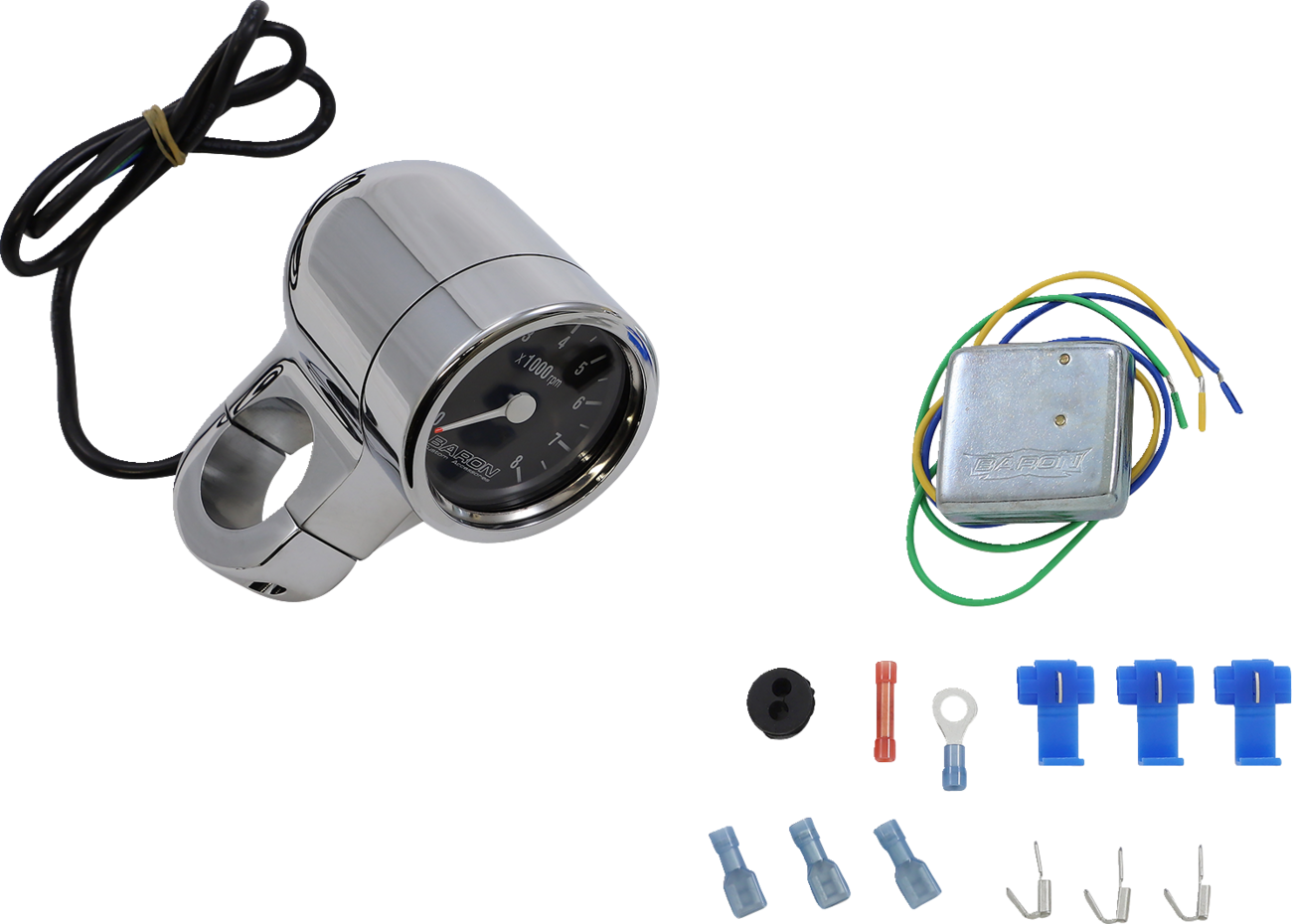 BARON 3" Bullet Electronic Tachometer Fits 1-1/2" Bar - Chrome - Black Face - 3.5" L x 2.875" D BA-7577U