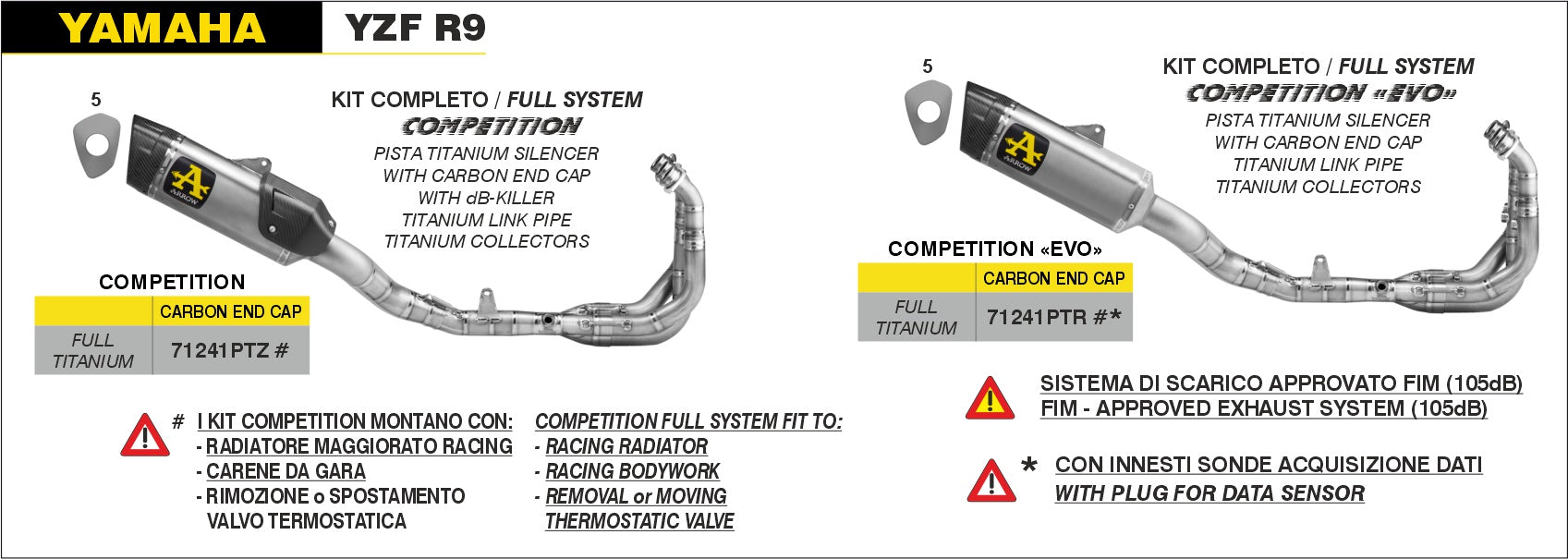 IN STOCK 71241PTR Arrow Yzf R9 2025  Competition Evo Titanium Full system exhaust NO db killer 105db