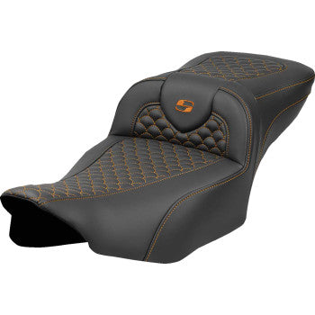 SADDLEMEN Roadsofa™ Extended Reach Seat - Dragon Scale Stitch - Orange Stitch - w/o Backrest - FLT/FLH '23-'24 823-07-20903