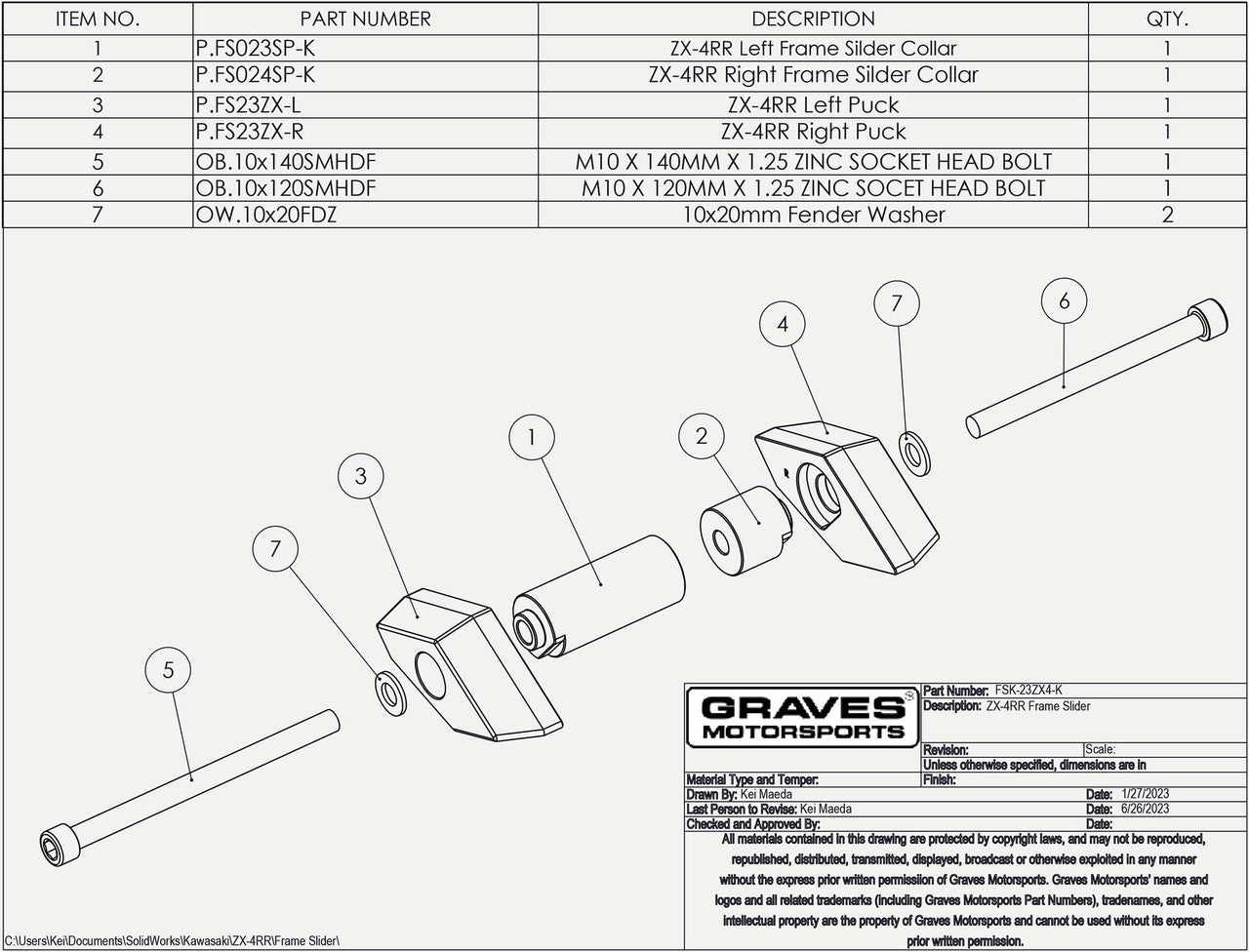 Graves Kawasaki ZX-4RR 2023-2025 Frame Slider Kit FSK-23ZX4-K