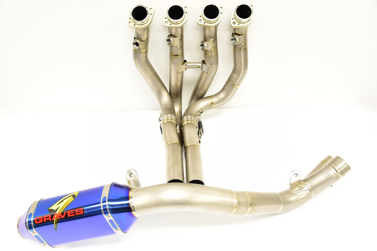 Graves motorsports r1 superbike full titanium exhaust system - electrick blue silencer