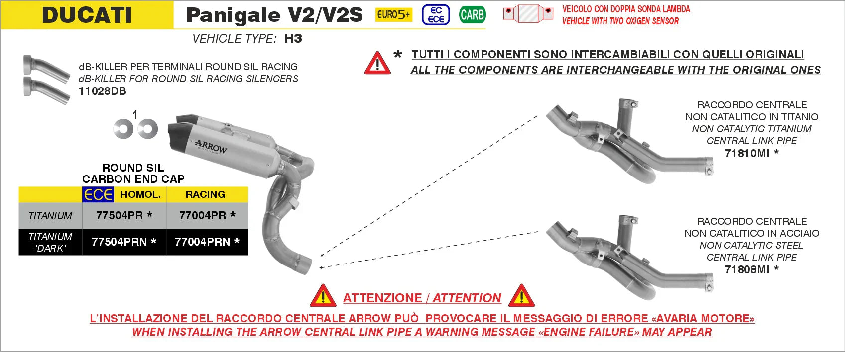 ARROW DUCATI PANIGALE V2/V2S E5+ 2025 RH/LH ROUND SIL TITANIUM DARK SILENCERS + STAINLESS STEEL LINK PIPE