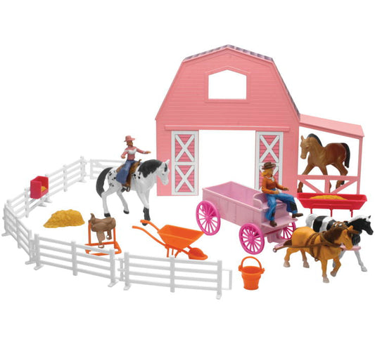 New Ray Toys Valley Ranch Pnk Barn Hrs Set