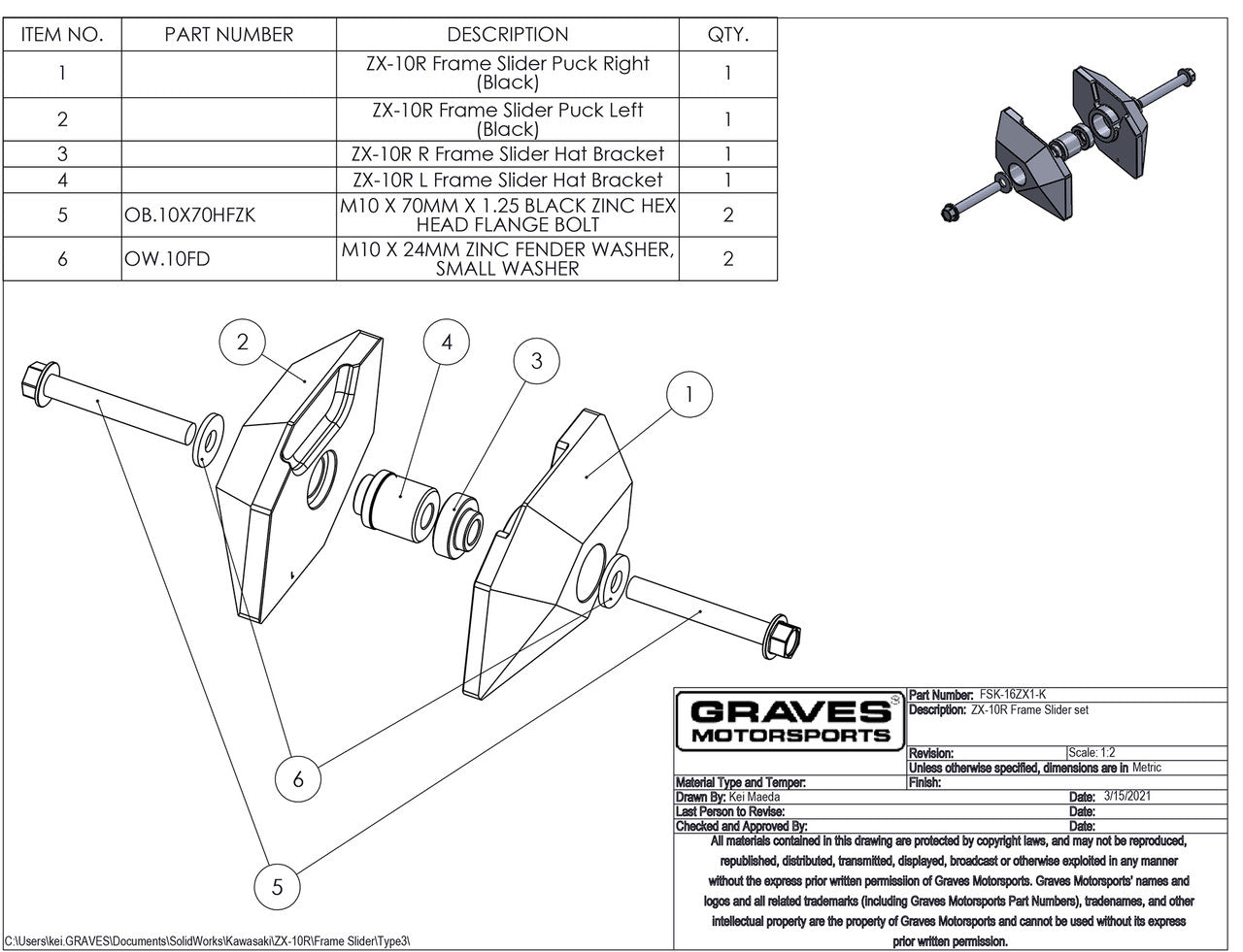 Graves Motorsports Frame Sliders For  Zx-10r 2016-2023   Fsk-16zx1-K